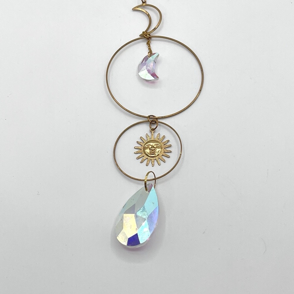 Celestial Moon Star Sun Suncatcher Crystal Chain Charm Window Gold 16"